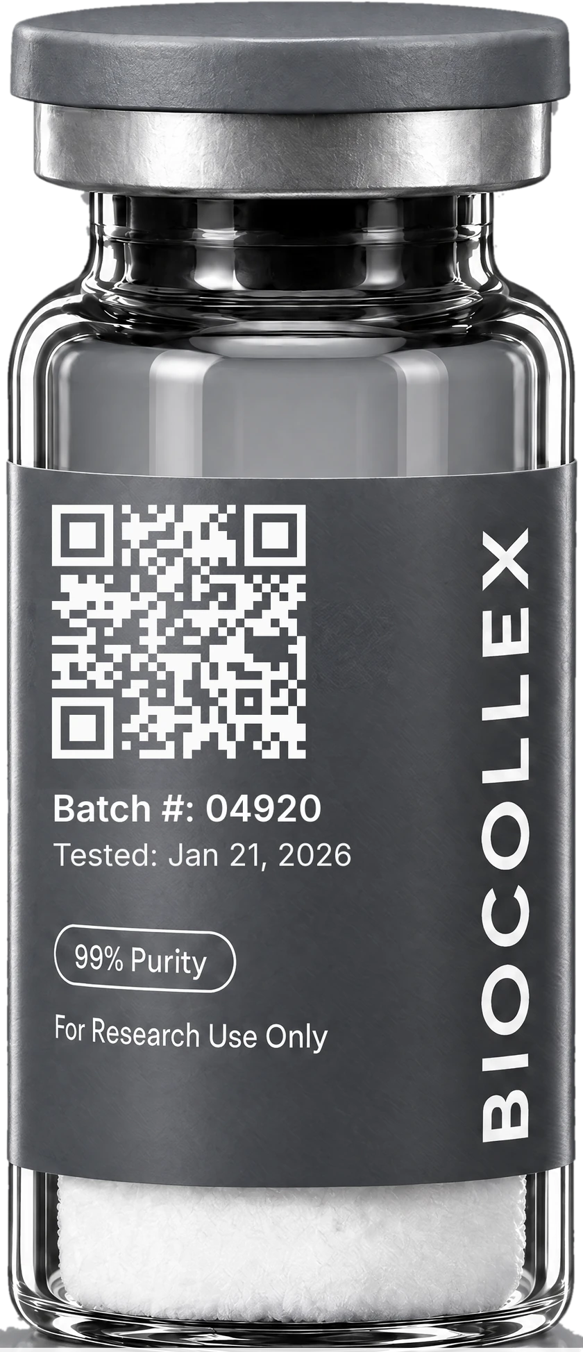 BioCollex research vial with a QR code, batch number and test date on the label